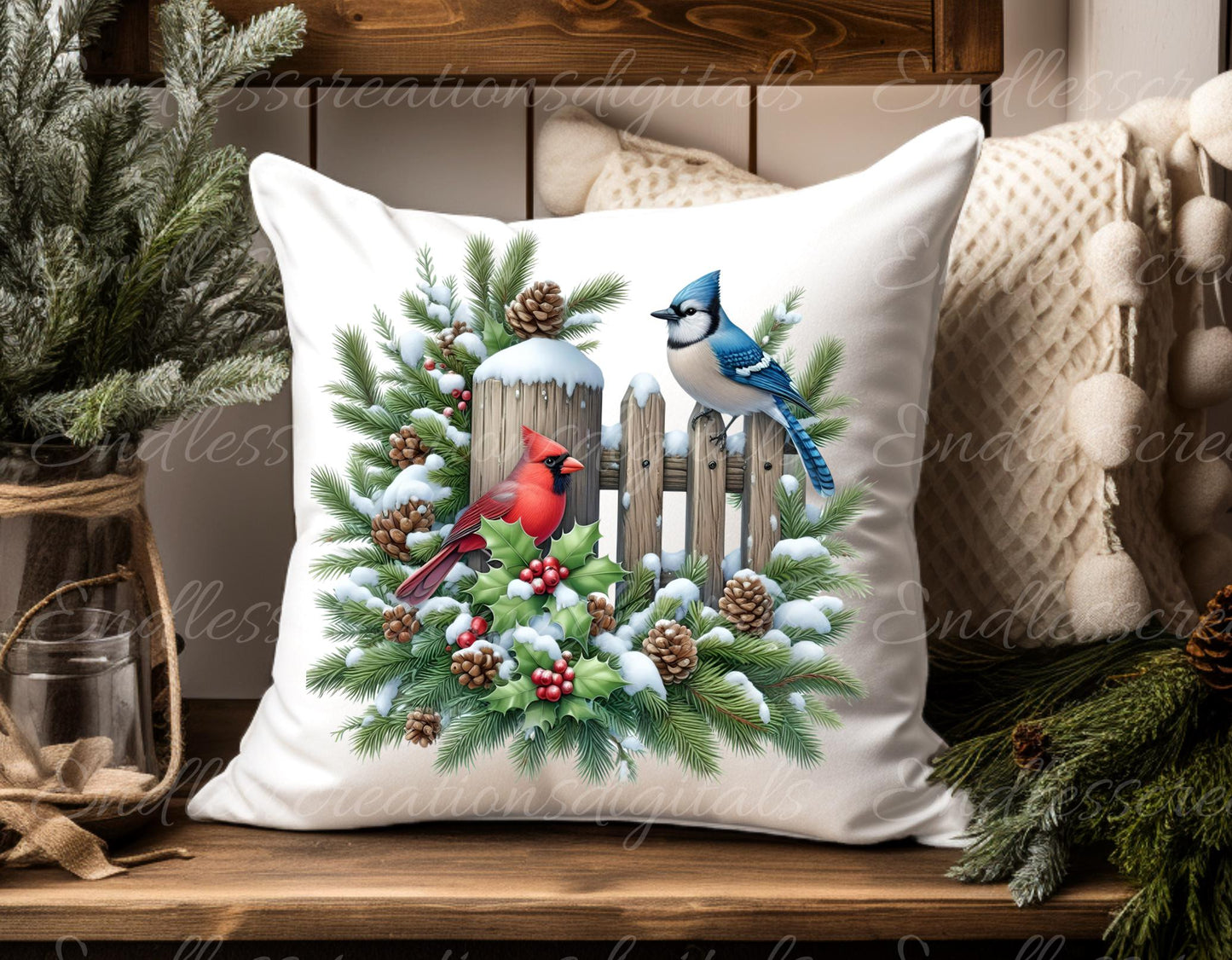 WINTER CARDINALS PILLOW covers, tea towel, tote bags, mugs, plant pots etc. sublimation package of 5 high definition 300 Dpi, transparent,