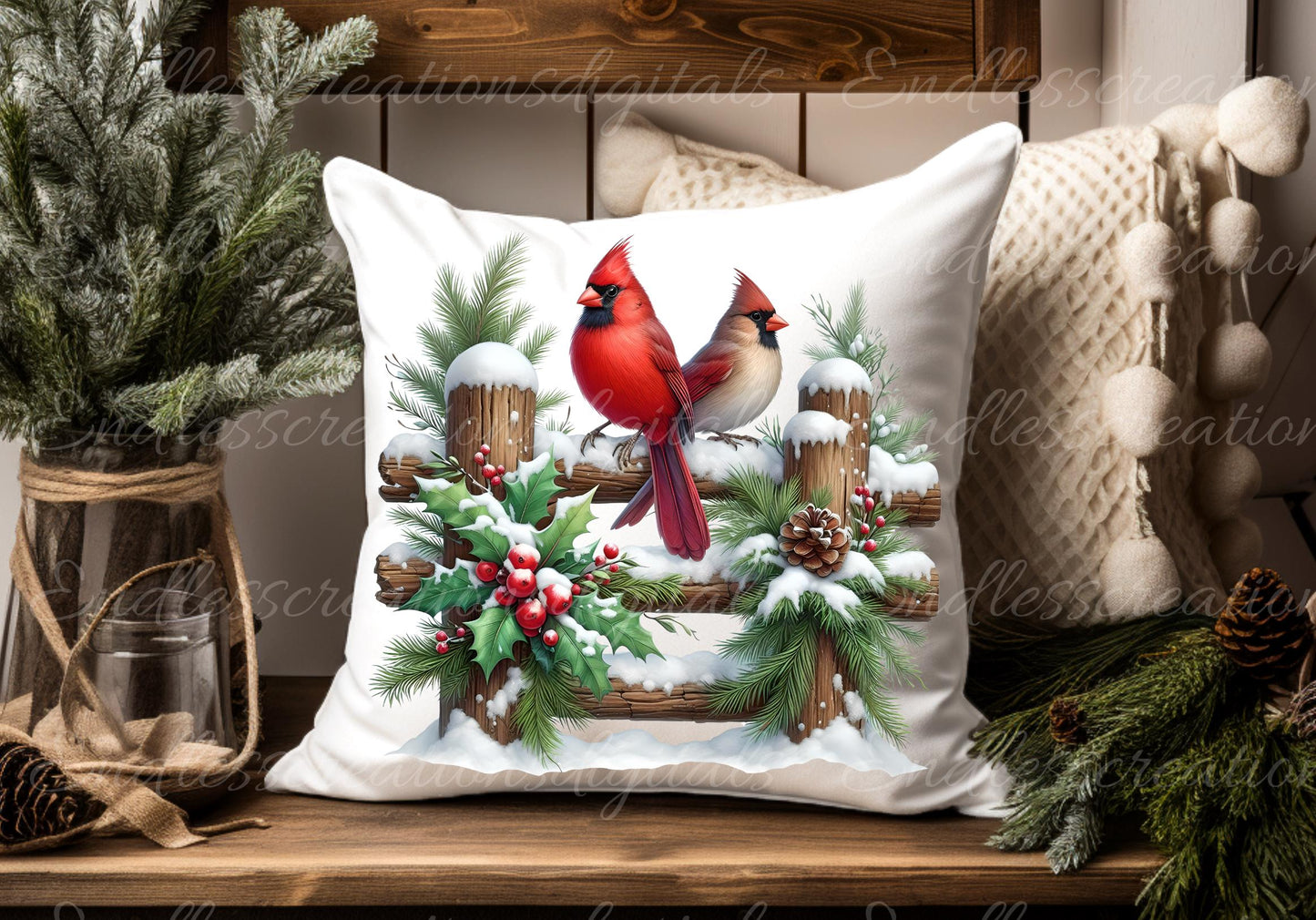 WINTER CARDINALS PILLOW covers, tea towel, tote bags, mugs, plant pots etc. sublimation package of 5 high definition 300 Dpi, transparent,