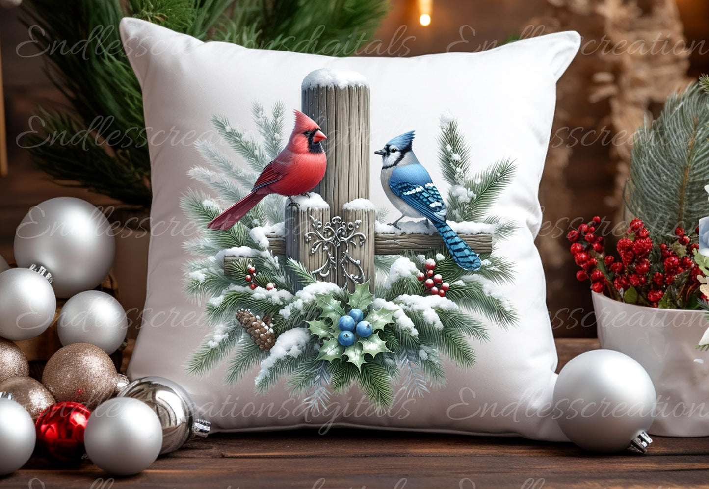 WINTER CARDINALS PILLOW covers, tea towel, tote bags, mugs, plant pots etc. sublimation package of 5 high definition 300 Dpi, transparent,