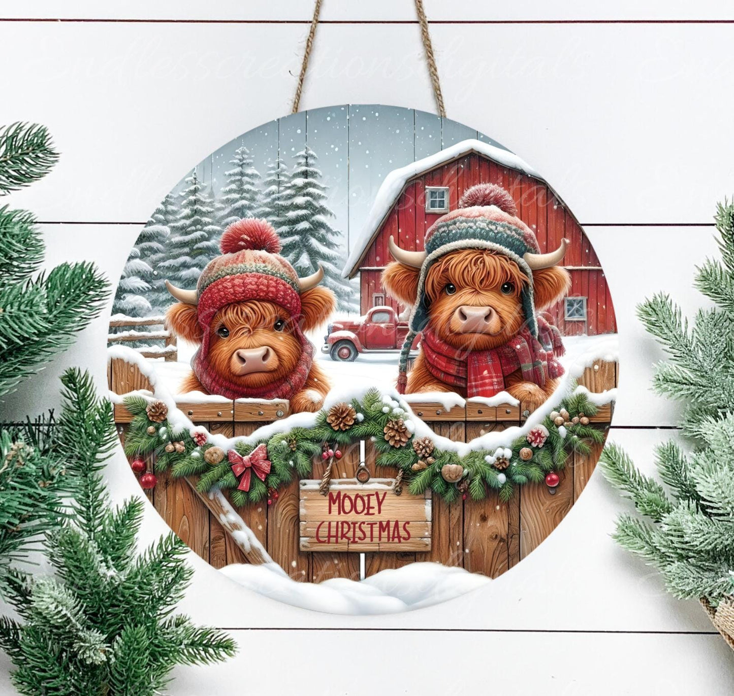 MOOEY CHRISTMAS HIGHLAND Cows door hanger, wreath sign, round cutting board, ornament,  for sublimation high resolution, 2 files, 1 blank