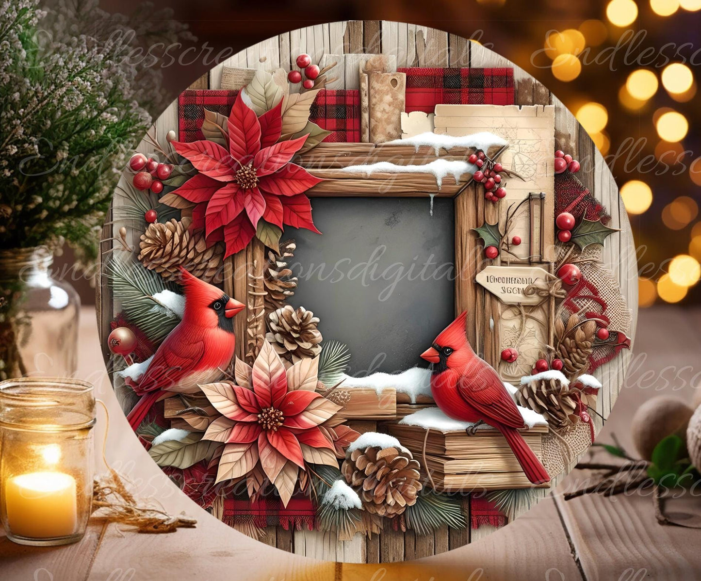 WINTER CARDINALS ROUND door hanger, wreath sign, round cutting board, ornament for sublimation, 2 files for download,  1 add your own text