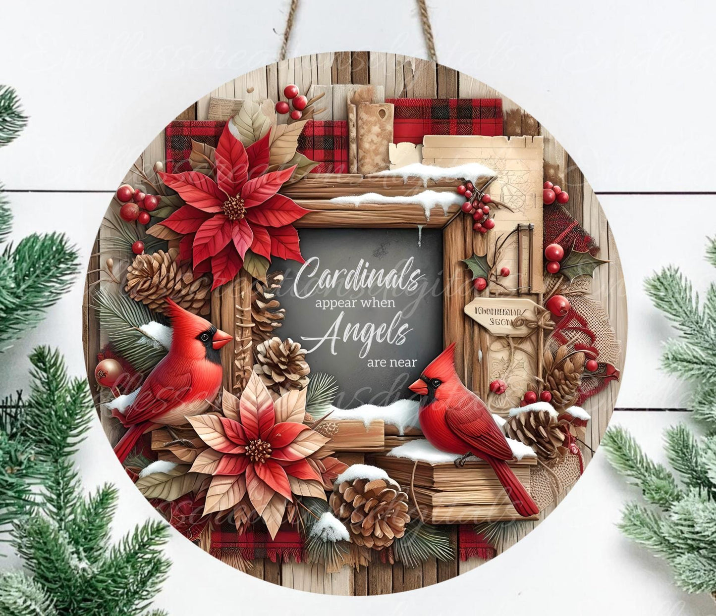 WINTER CARDINALS ROUND door hanger, wreath sign, round cutting board, ornament for sublimation, 2 files for download,  1 add your own text