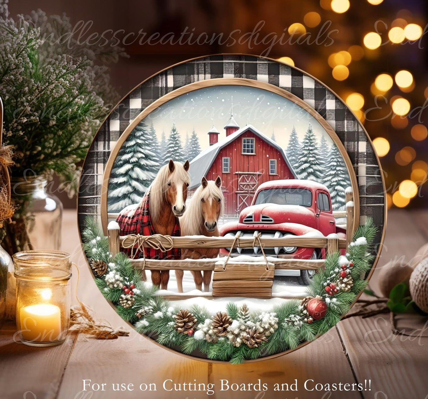 RED TRUCK HORSES Door hanger, wreath sign, round cutting board ornament, sublimation high resolution 2 files for download 1 add text