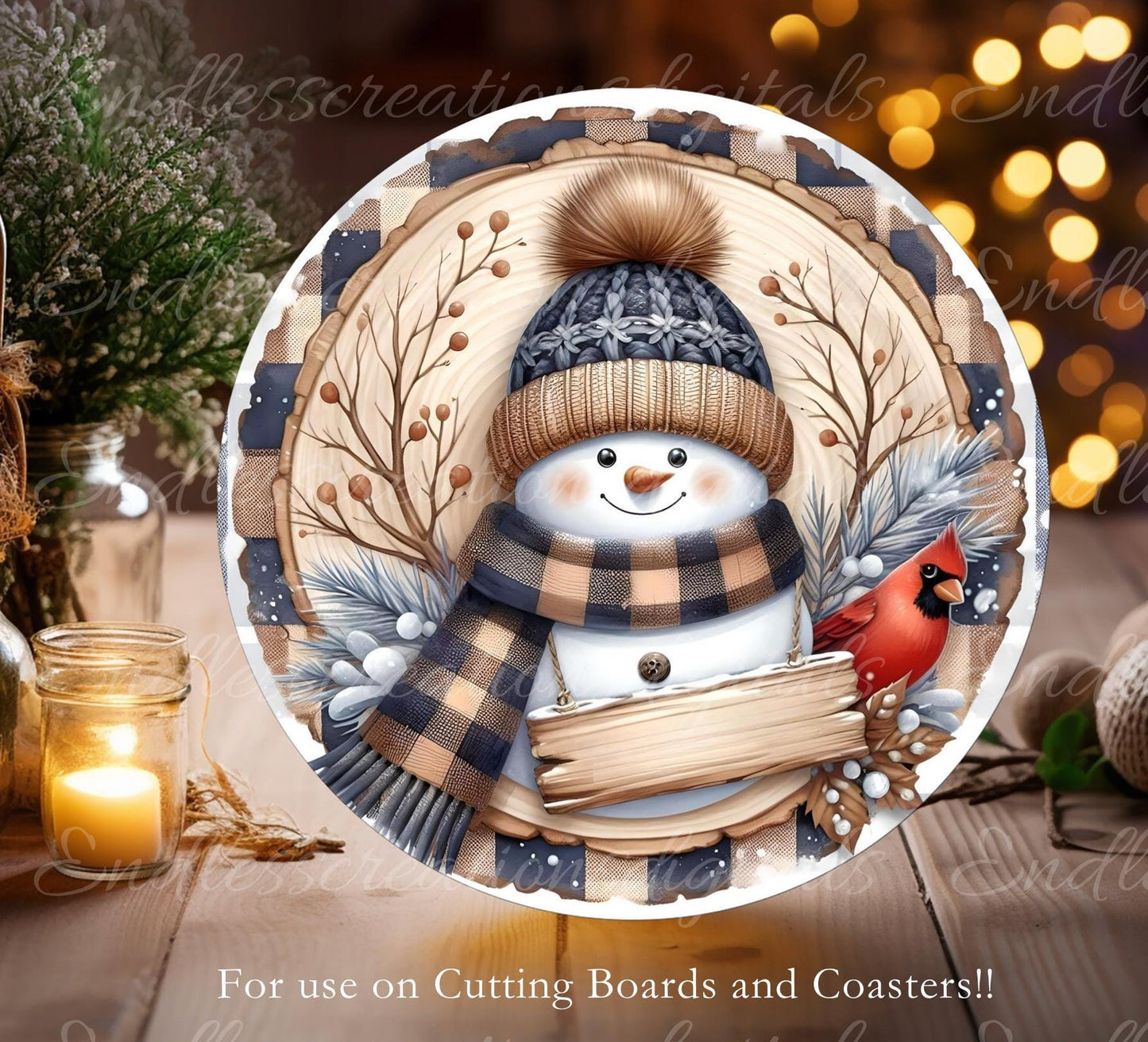 SNOWMAN CARDINAL  Door hanger, wreath sign, round cutting board, ornament, can resize,  for sublimation high resolution, 2 files, 1 add text