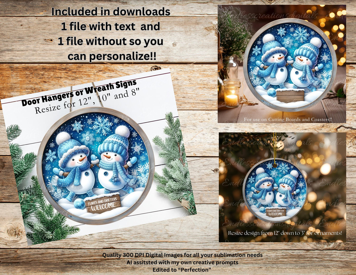 SNOWMAN DRIFTERS  Door hanger, wreath sign, round cutting board, ornament, can resize,  for sublimation high resolution, 2 files, 1 add text