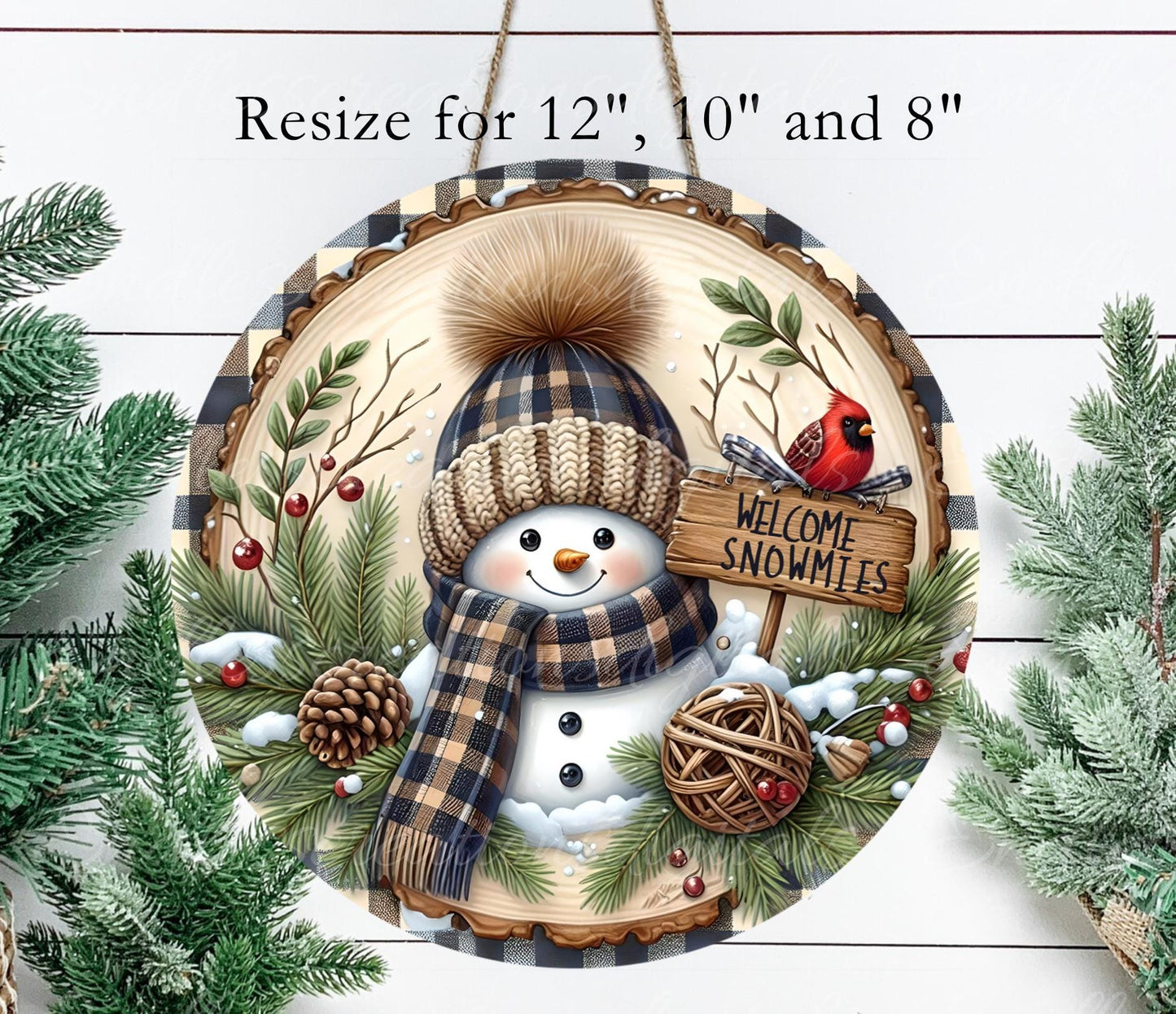 SNOWMAN CARDINAL  Door hanger, wreath sign, round cutting board, ornament, can resize,  for sublimation high resolution, 2 files, 1 add text