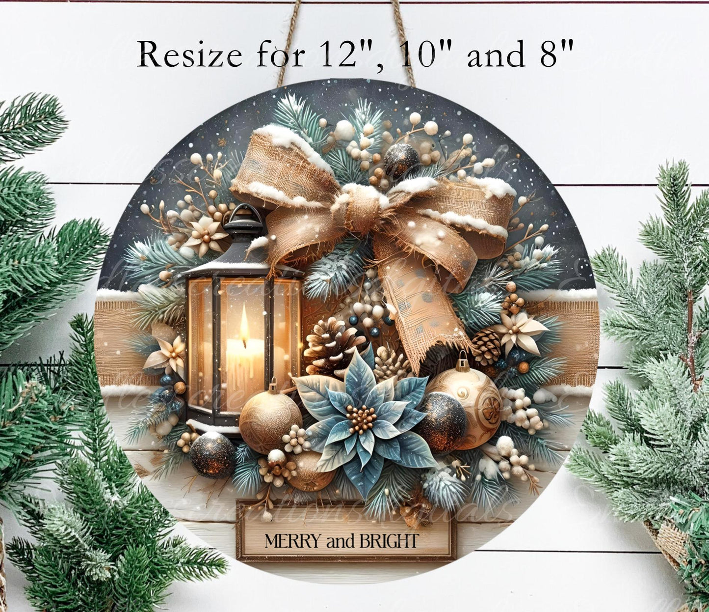 MERRY AND BRIGHT Door hanger, wreath sign, round cutting board ornament, resize, sublimation high resolution 2 files for download 1 add text