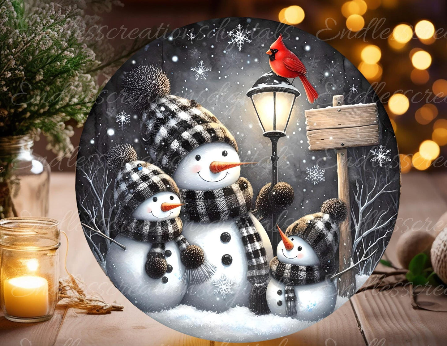 SNOWMAN CARDINAL  Door hanger, wreath sign, round cutting board, ornament, can resize,  for sublimation high resolution, 2 files, 1 add text