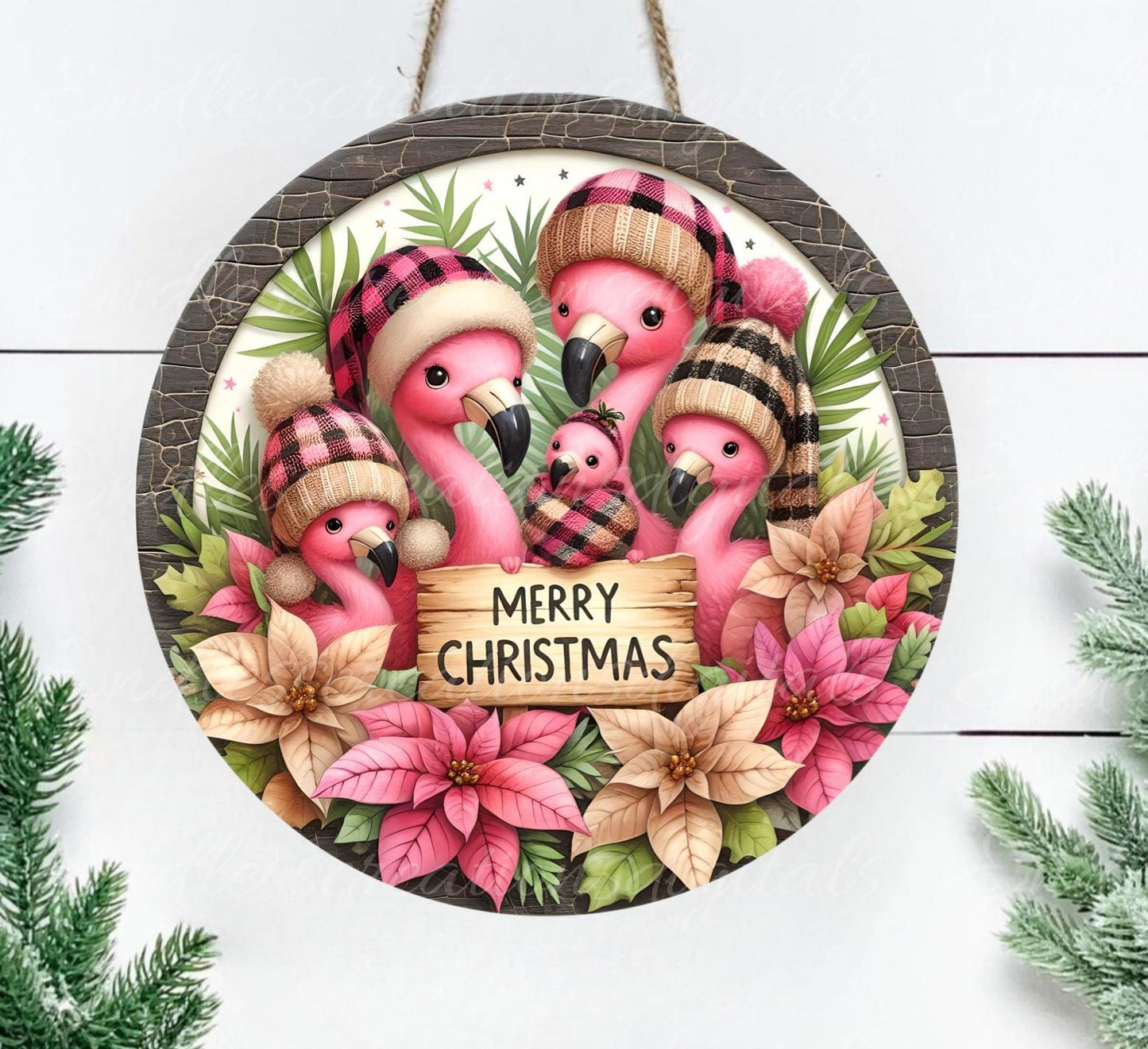 CHRISTMAS FLAMINGOS Door hanger, wreath sign, round cutting board, ornament, resize, sublimation high resolution 2 files, 1 add own text