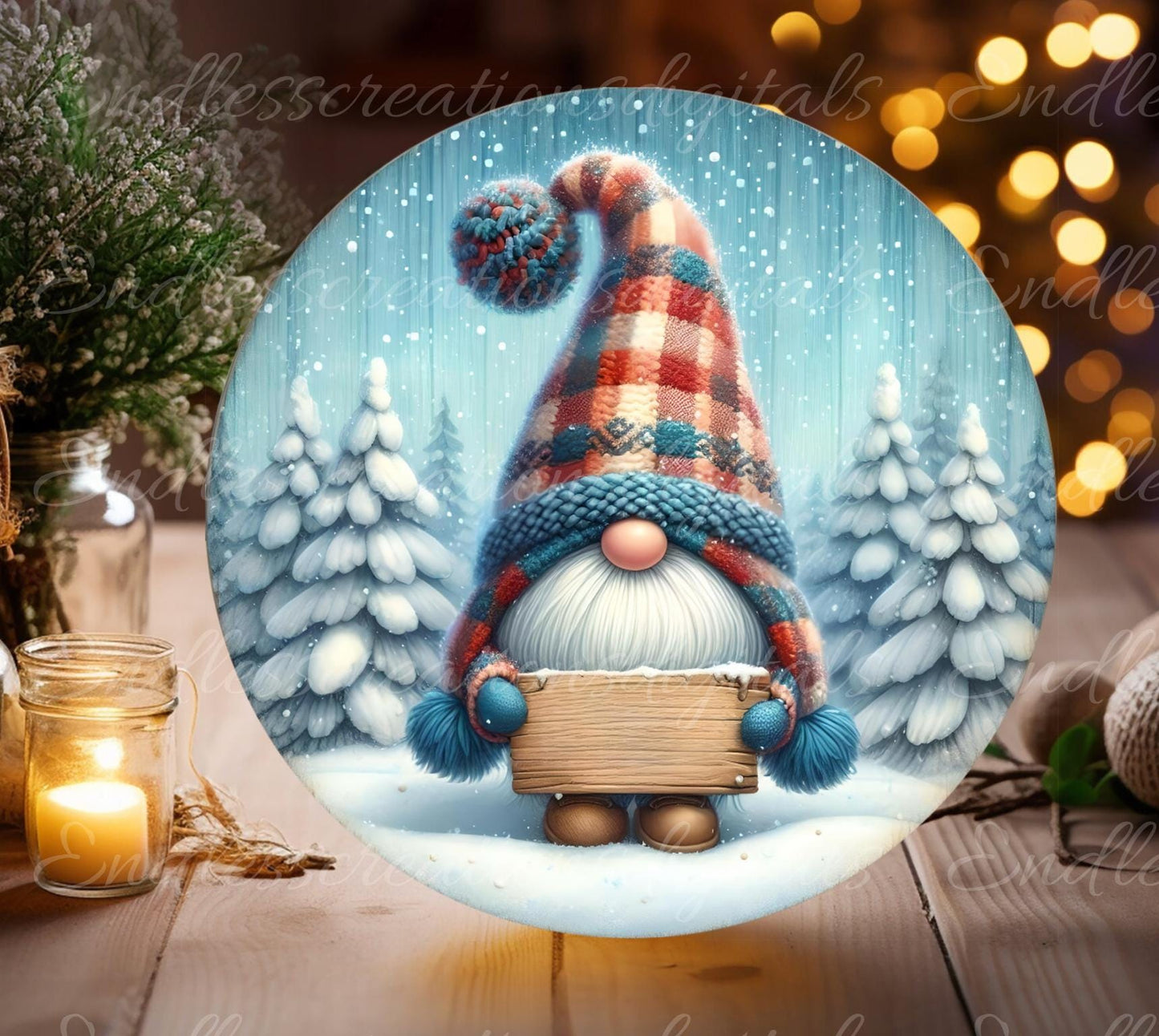 BLUE WINTER GNOME Door hanger, wreath sign, round cutting board, ornament, resize, sublimation high resolution 2 files, 1 add own text