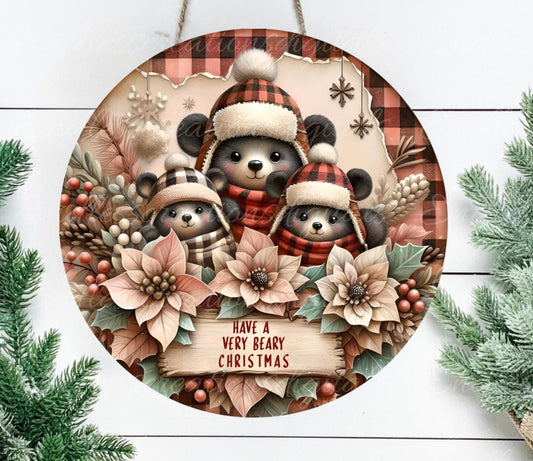 WINTER PLAID BEARS Door hanger, wreath sign, round cutting board, ornament, resize, sublimation high resolution 2 files, 1 add own text