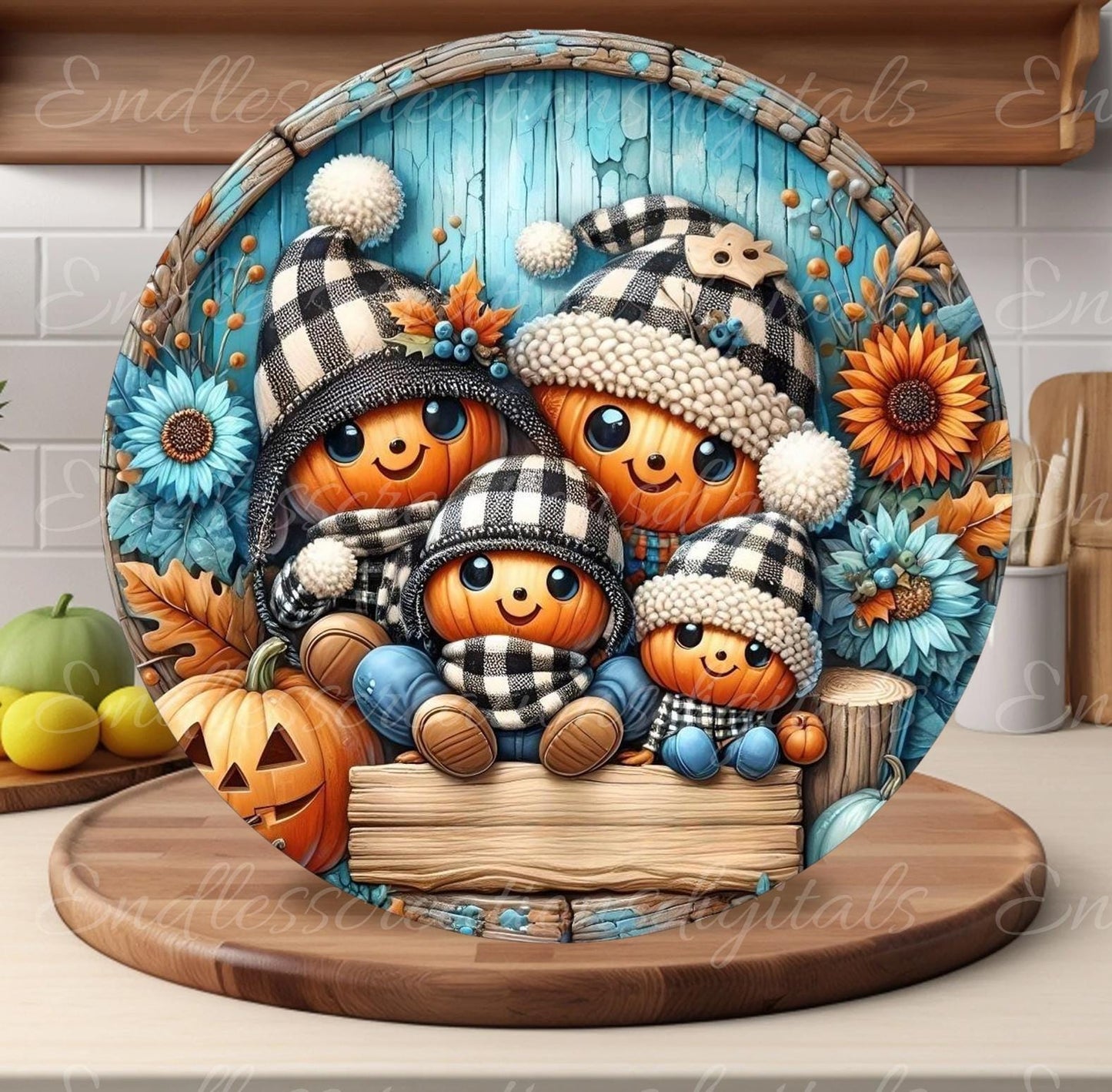 FALL PUMPKINHEAD FAMILY Door hanger, wreath sign, round cutting board, for sublimation high resolution 2 files, 1 add your own text