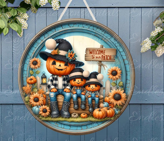 FALL PUMPKINHEAD FAMILY Door hanger, wreath sign, round cutting board, for sublimation high resolution 2 files, 1 add your own text