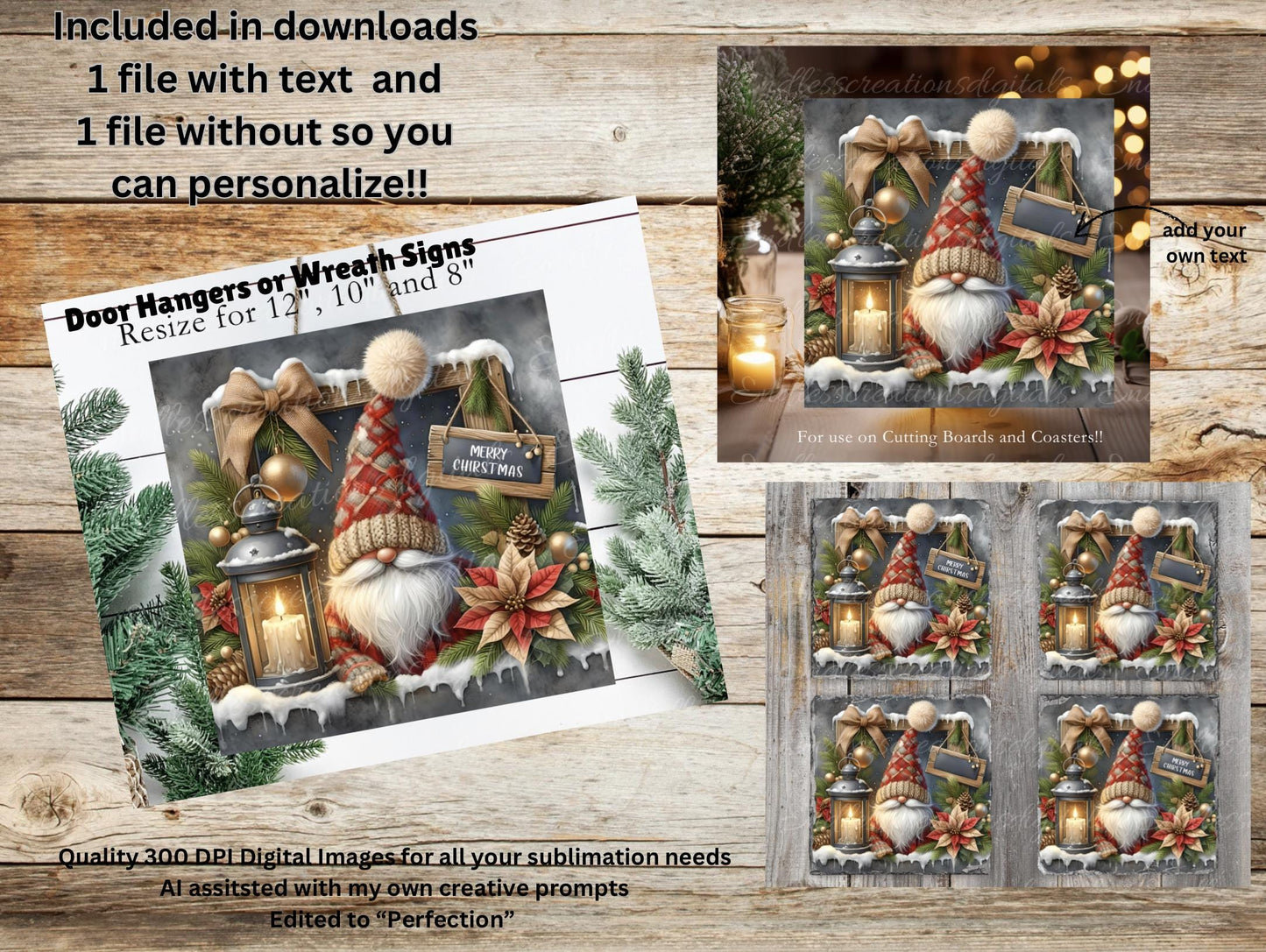 WINTER WINDOW GNOME Square door hanger, wreath sign, square cutting board, coasters sublimation high resolution 2 files, 1 add your own text