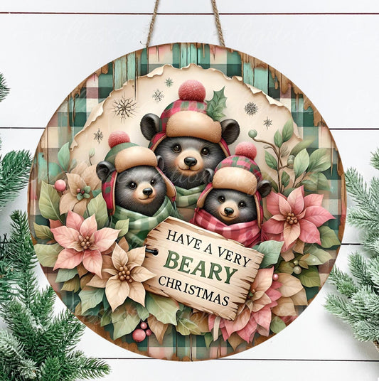 WINTER PLAID BEARS Door hanger, wreath sign, round cutting board, ornament, resize, sublimation high resolution 2 files, 1 add own text