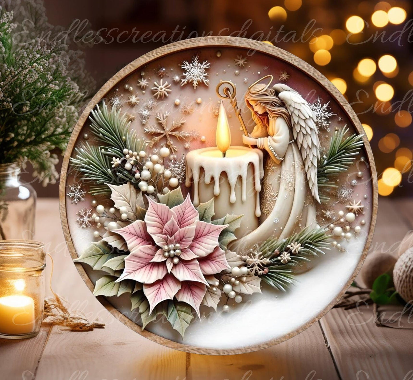 CANDLE ANGEL WINTER round door hanger, wreath sign, round cutting board, coasters   for sublimation high resolution, resize, 2 files 1 blank