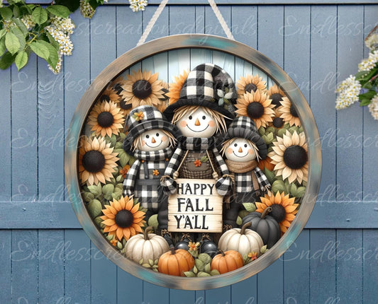 FALL SCARECROW FAMILY  Door hanger, wreath sign, round cutting board png, for sublimation high resolution 2 files, 1 add your own text