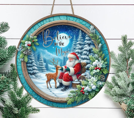 BELIEVE IN MAGIC Santa Door hanger, wreath sign, round cutting board, ornament, resize, sublimation high resolution 2 files, 1 add text