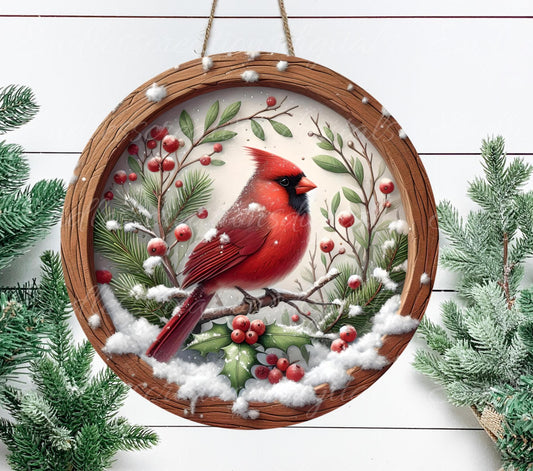 WINTER CARDINAL Door hanger, wreath sign, round cutting board ornament, resize, sublimation high resolution 1 file for download