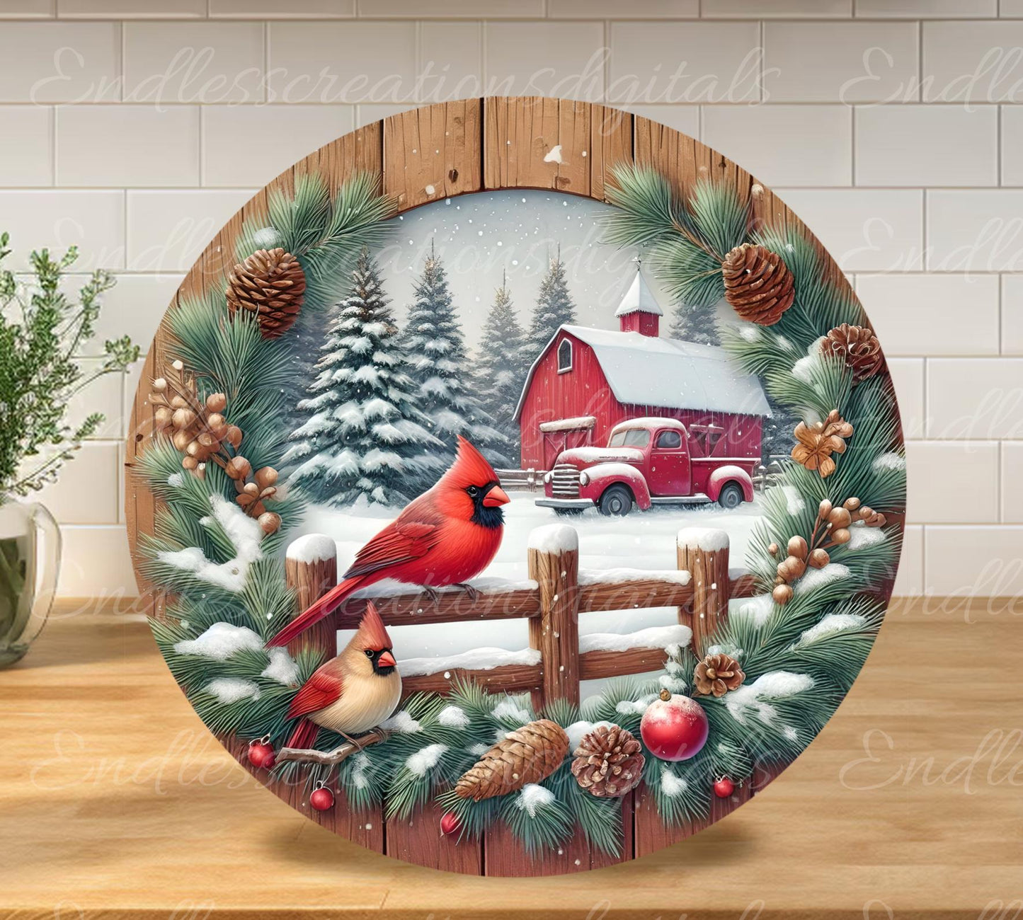 WINTER  CARDINAL Door hanger, wreath sign, round cutting board ornament, resize, sublimation high resolution 2 files 1 add own text