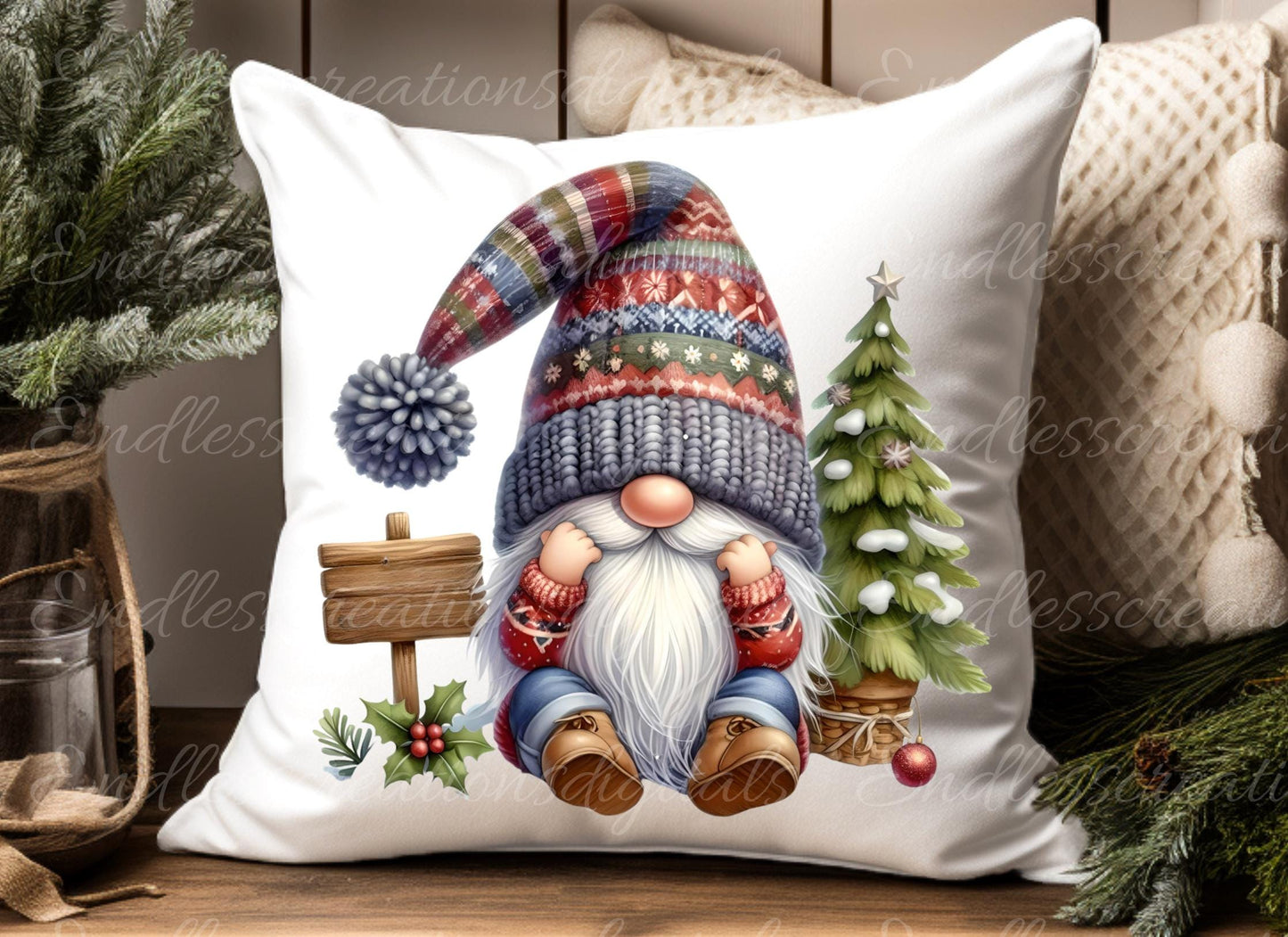 WINTER GNOMES PILLOW covers, tea towel, tote bags etc. sublimation package of 5 high definition 300 Dpi, transparent, add your own text