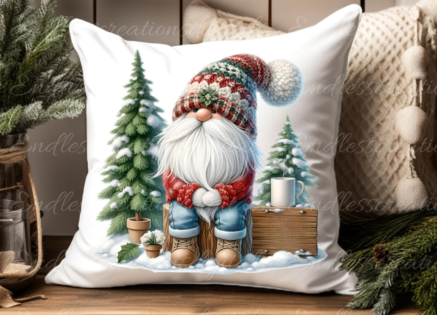 WINTER GNOMES PILLOW covers, tea towel, tote bags etc. sublimation package of 5 high definition 300 Dpi, transparent, add your own text