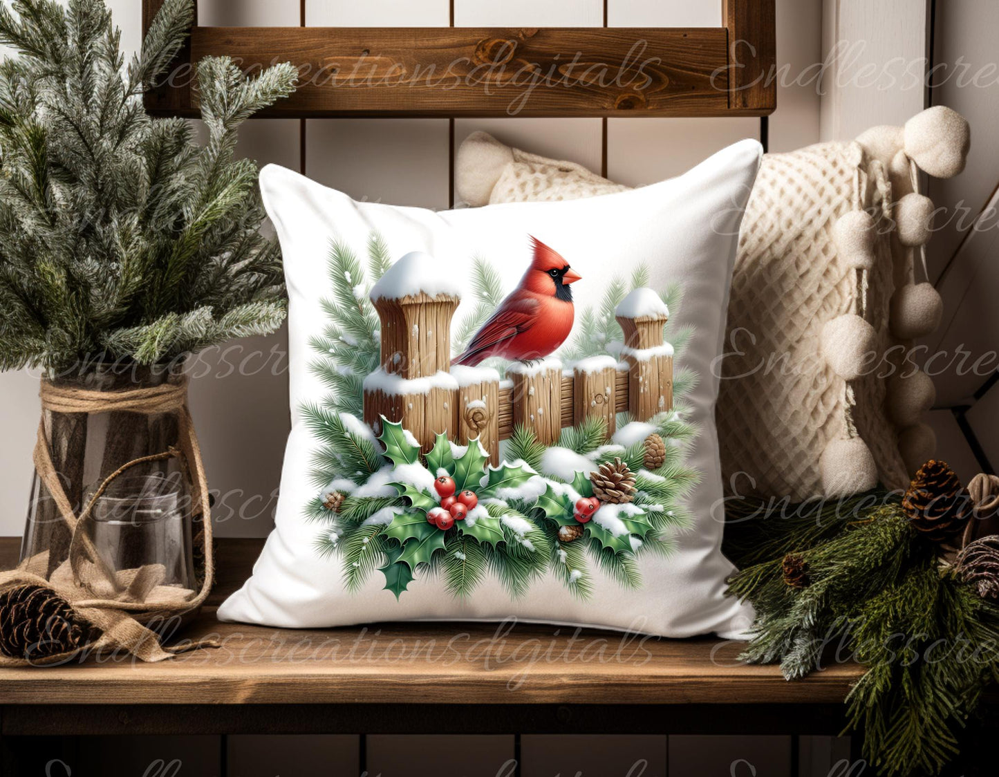 WINTER CARDINALS PILLOW covers, tea towel, tote bags, mugs, plant pots etc. sublimation package of 5 high definition 300 Dpi, transparent,