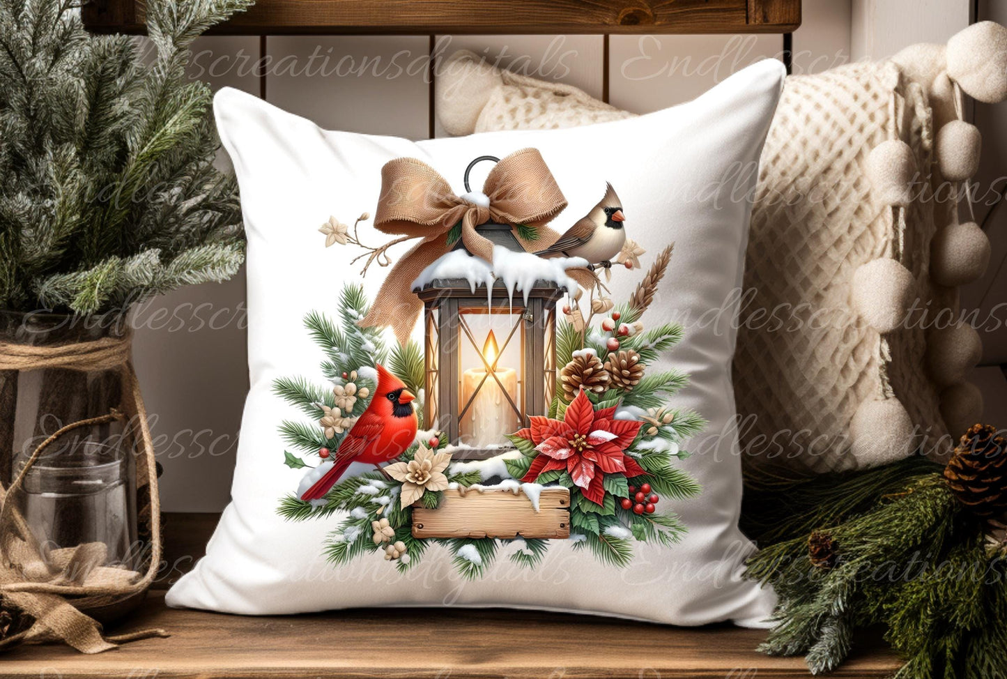 LANTERN CARDINALS PILLOW covers, tea towel, tote bags, mugs, plant pots etc. sublimation package of 5 high definition 300 Dpi, transparent,