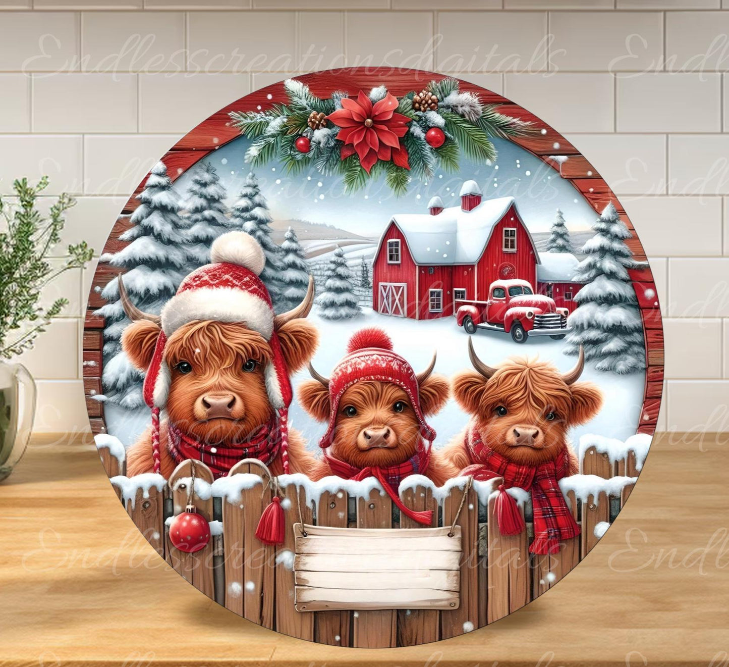 MERRY CHRISTMAS HIGHLAND Cows door hanger, wreath sign, round cutting board, ornament,  for sublimation high resolution, 2 files, 1 blank