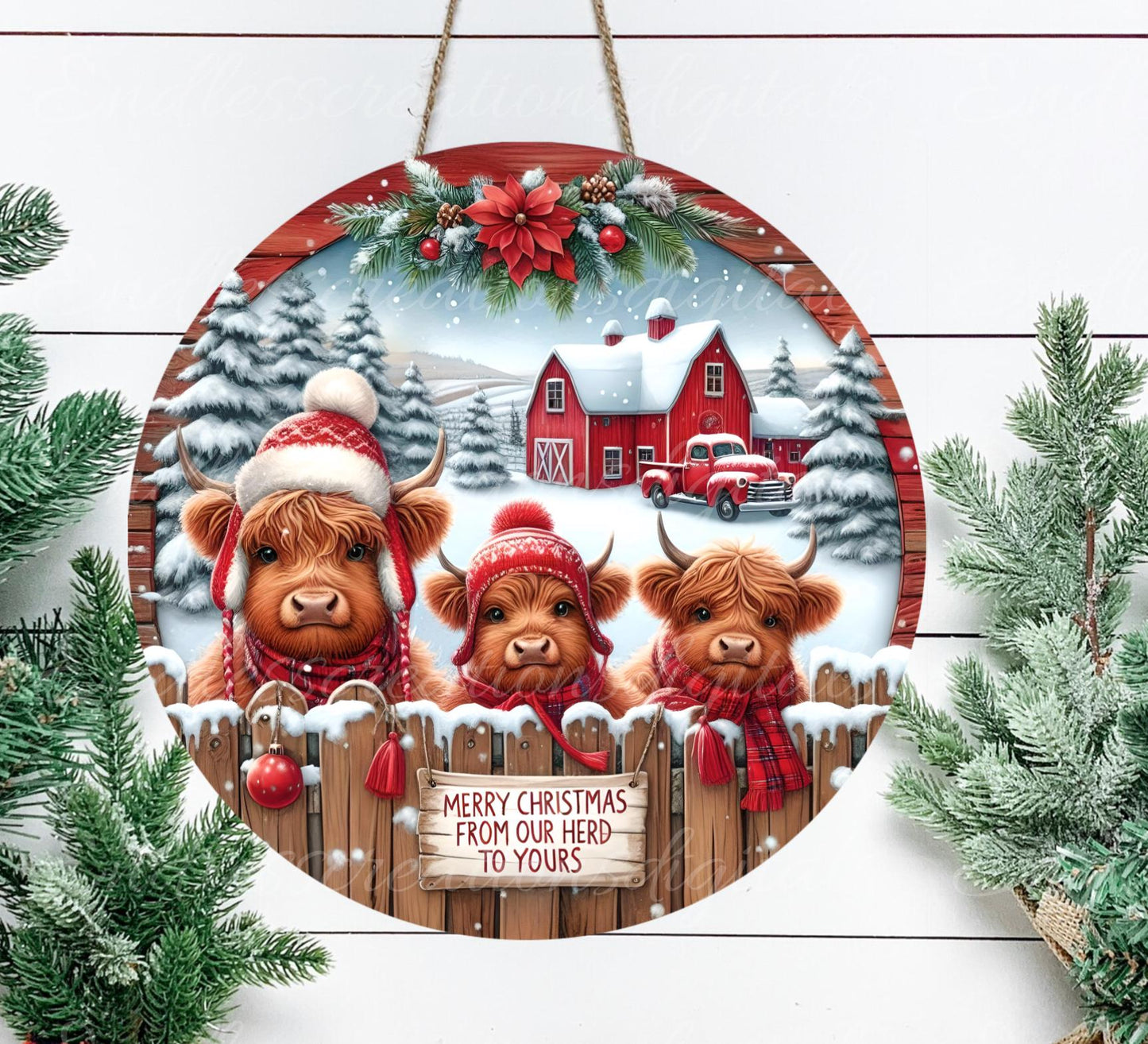 MERRY CHRISTMAS HIGHLAND Cows door hanger, wreath sign, round cutting board, ornament,  for sublimation high resolution, 2 files, 1 blank