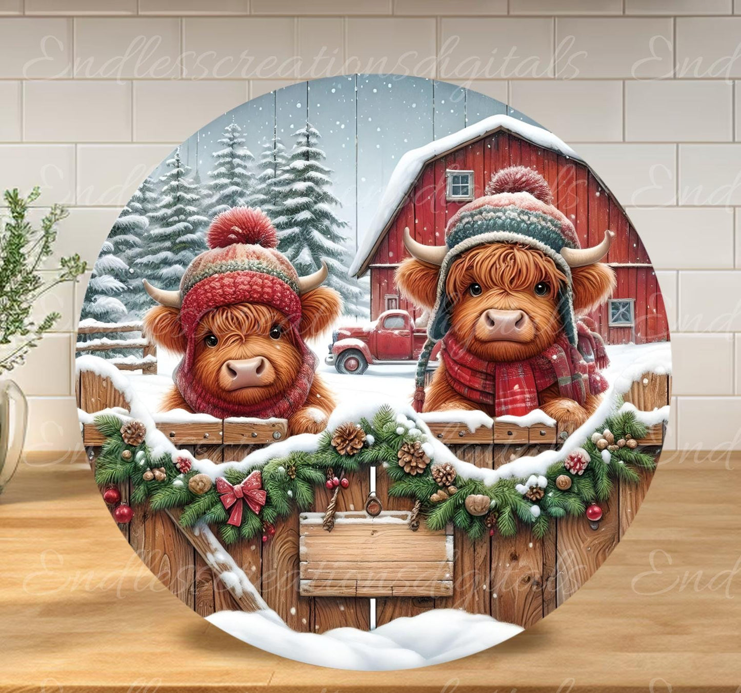 MOOEY CHRISTMAS HIGHLAND Cows door hanger, wreath sign, round cutting board, ornament,  for sublimation high resolution, 2 files, 1 blank