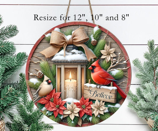 BELIEVE CARDINAL PAIR Door hanger, wreath sign, round cutting board ornament, sublimation high resolution 2 files for download 1 add text