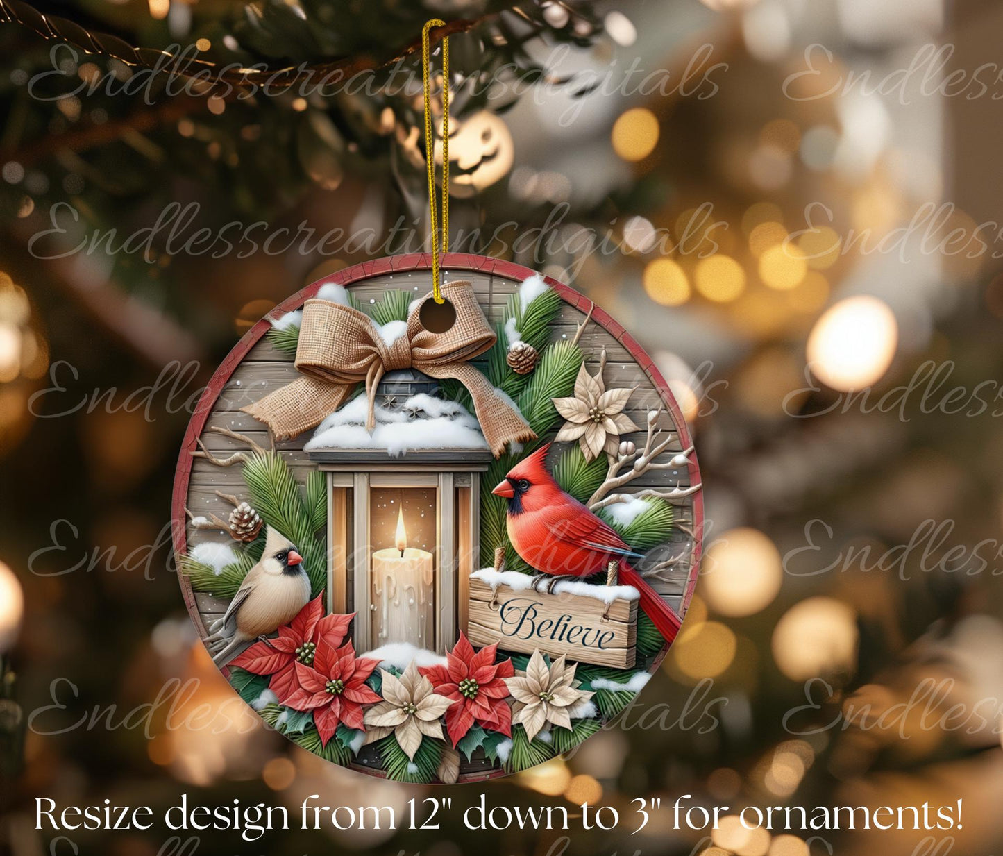 BELIEVE CARDINAL PAIR Door hanger, wreath sign, round cutting board ornament, sublimation high resolution 2 files for download 1 add text