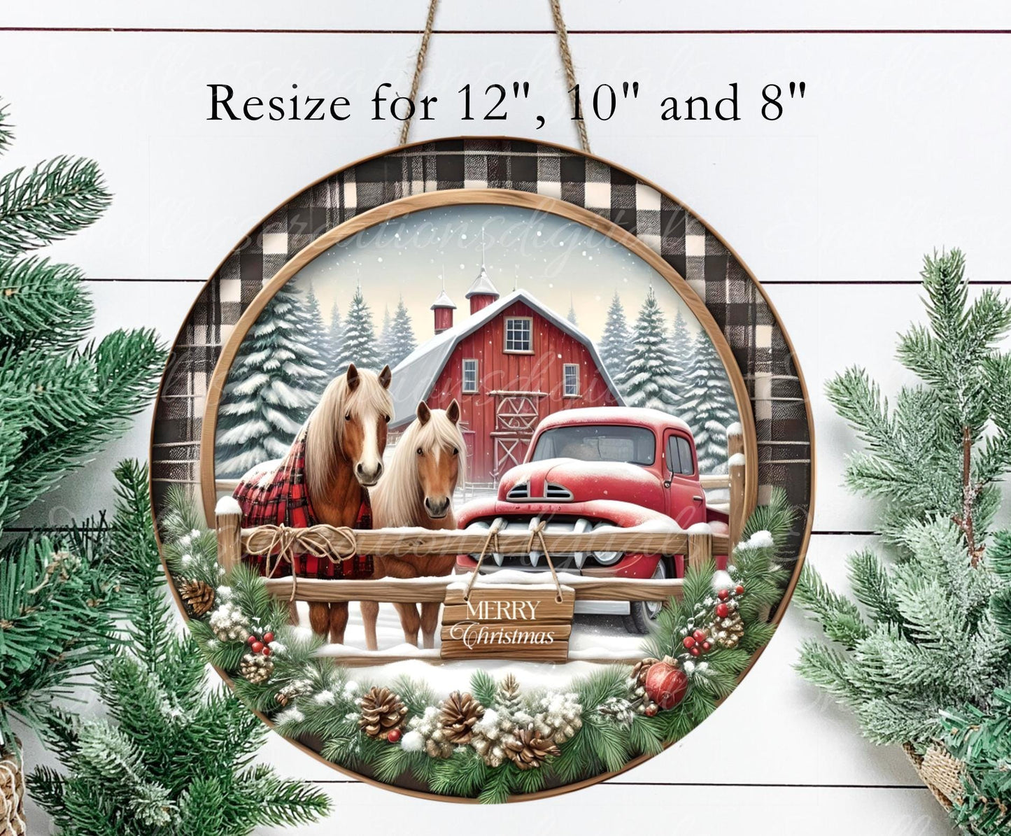 RED TRUCK HORSES Door hanger, wreath sign, round cutting board ornament, sublimation high resolution 2 files for download 1 add text