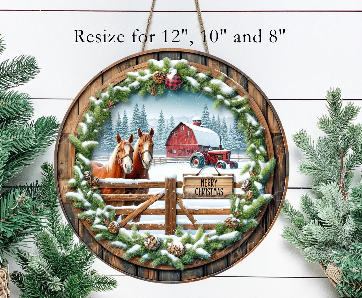 RED TRACTOR HORSES Door hanger, wreath sign, round cutting board, ornament, sublimation high resolution 2 files for download 1 add text