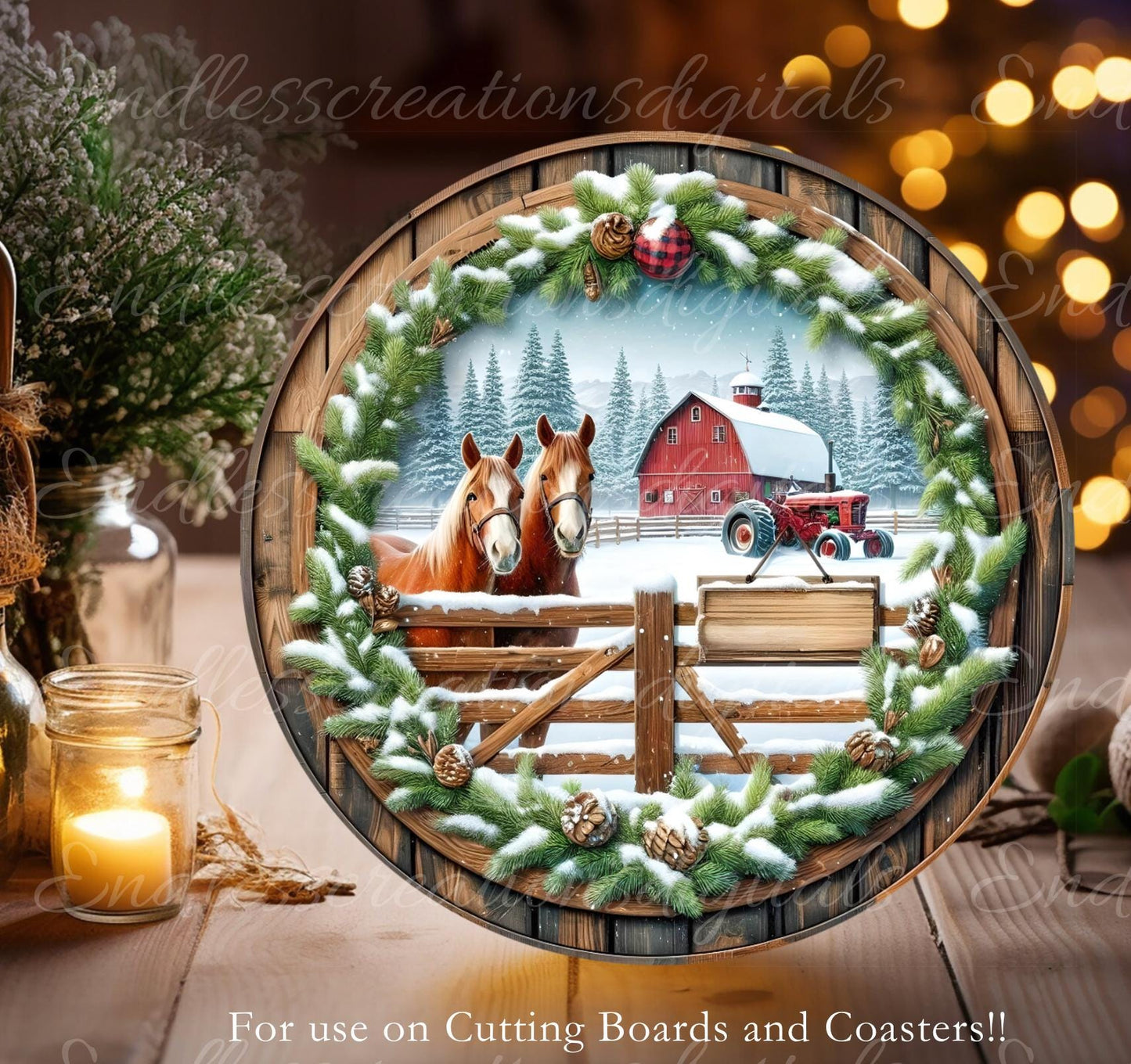 RED TRACTOR HORSES Door hanger, wreath sign, round cutting board, ornament, sublimation high resolution 2 files for download 1 add text