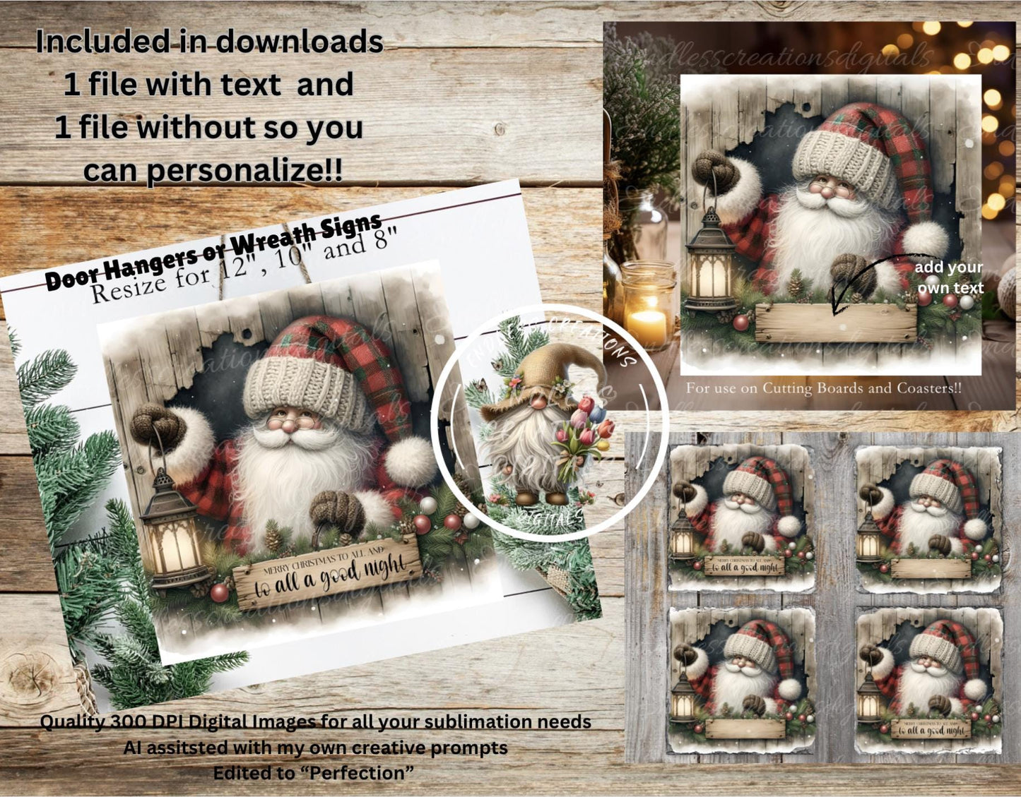 VINTAGE SANTA SQUARE door hanger, wreath sign, square cutting board, coasters sublimation high resolution 2 files, 1 add your own text