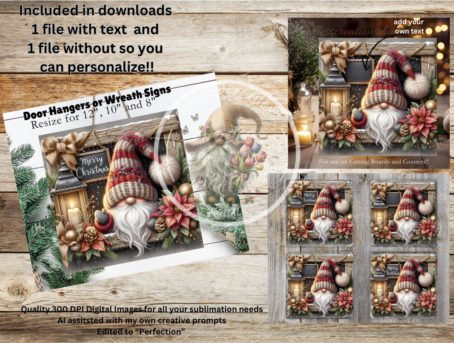 WINTER WINDOW GNOME Square door hanger, wreath sign, square cutting board, coasters sublimation high resolution 2 files, 1 add your own text