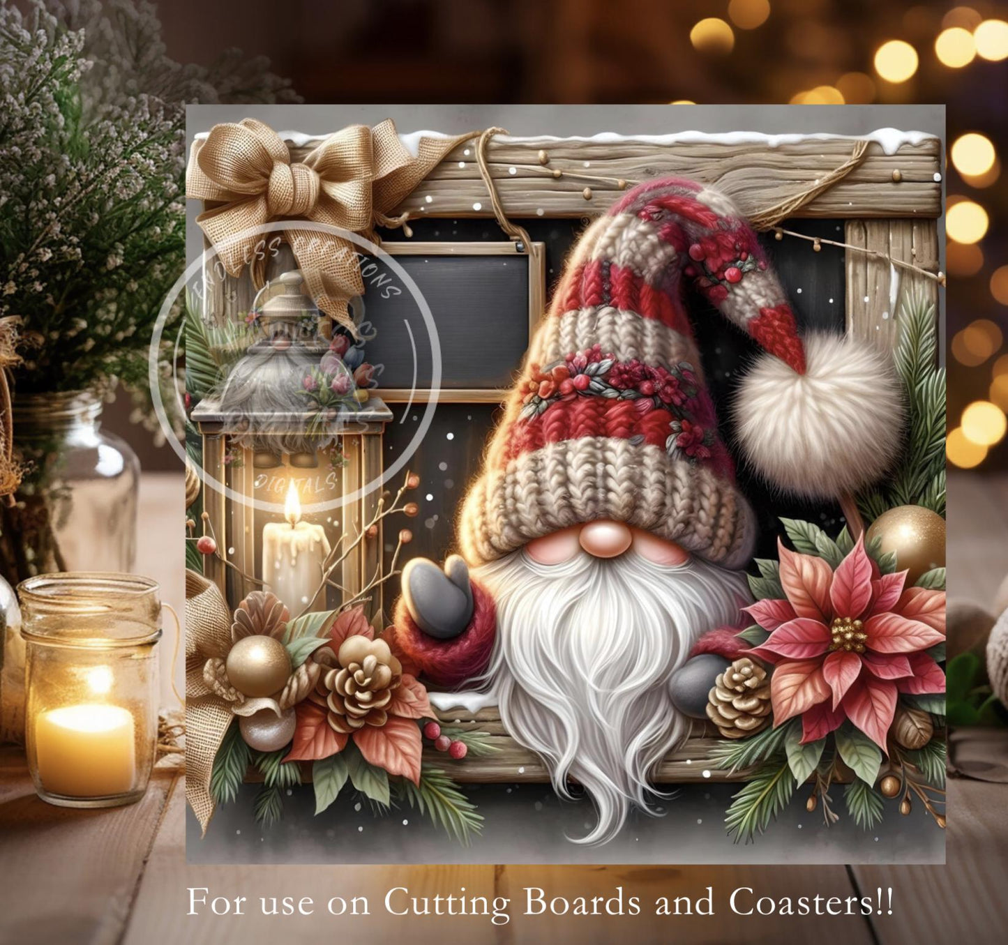 WINTER WINDOW GNOME Square door hanger, wreath sign, square cutting board, coasters sublimation high resolution 2 files, 1 add your own text