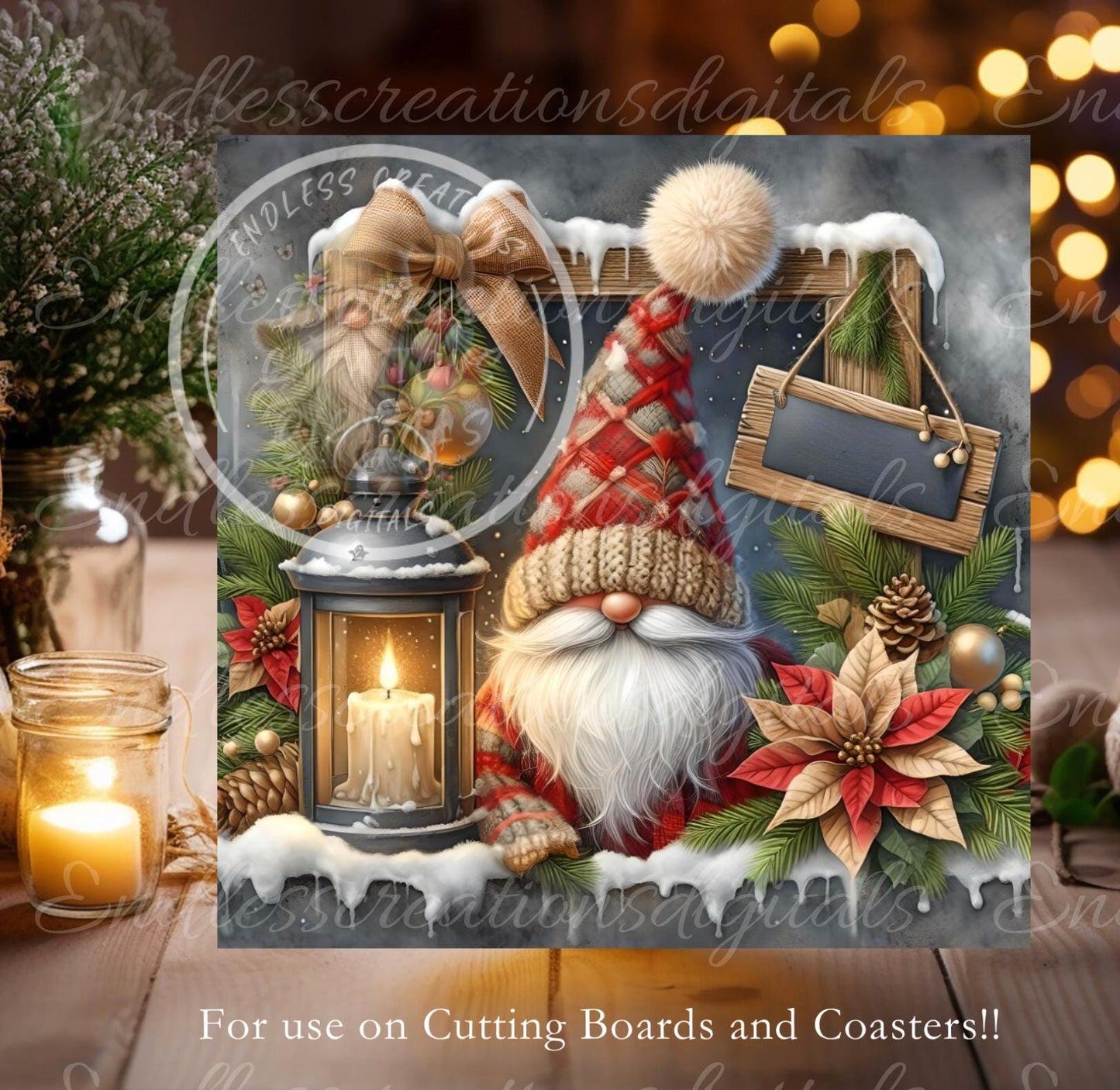 WINTER WINDOW GNOME Square door hanger, wreath sign, square cutting board, coasters sublimation high resolution 2 files, 1 add your own text