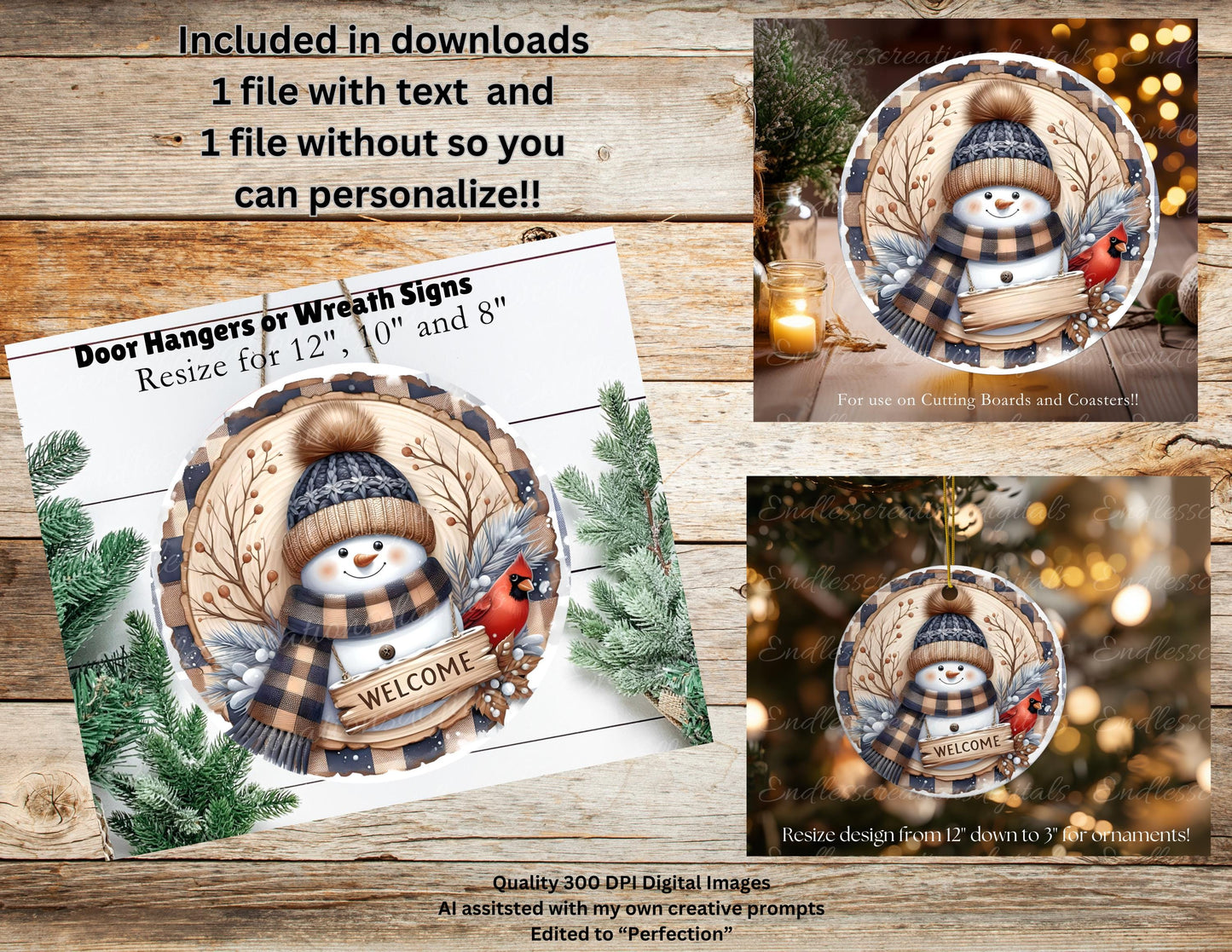 SNOWMAN CARDINAL  Door hanger, wreath sign, round cutting board, ornament, can resize,  for sublimation high resolution, 2 files, 1 add text