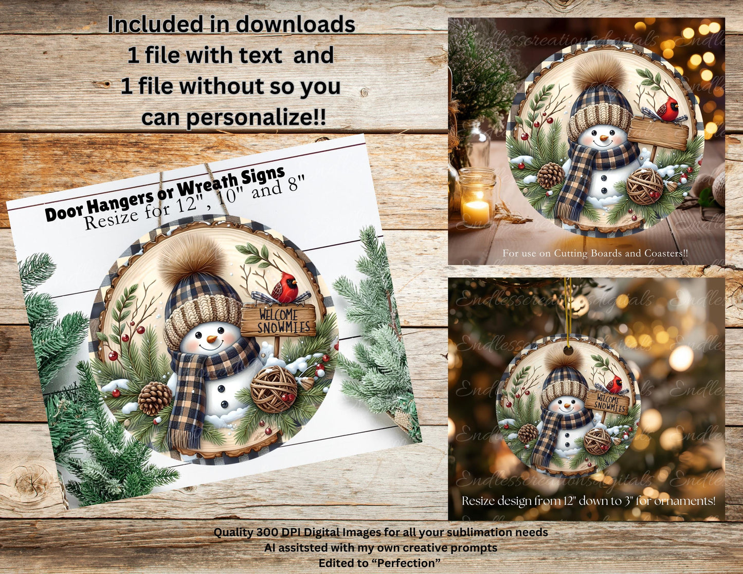 SNOWMAN CARDINAL  Door hanger, wreath sign, round cutting board, ornament, can resize,  for sublimation high resolution, 2 files, 1 add text