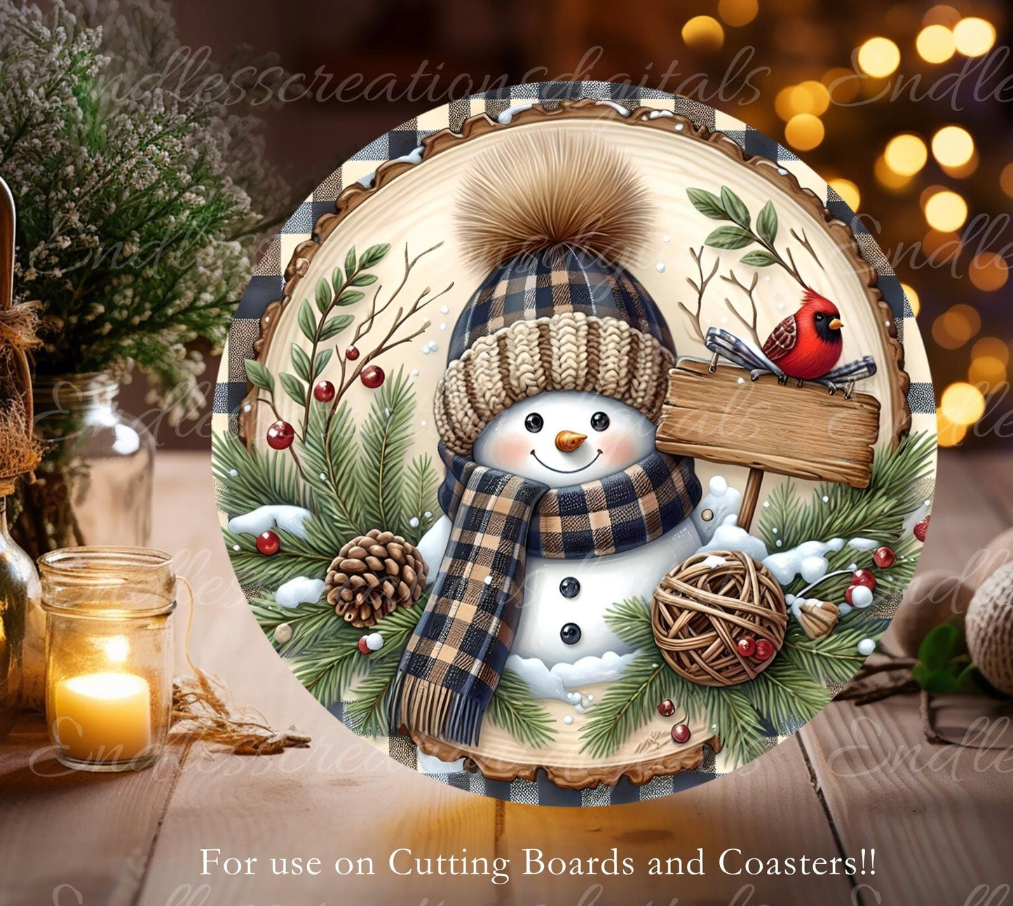 SNOWMAN CARDINAL  Door hanger, wreath sign, round cutting board, ornament, can resize,  for sublimation high resolution, 2 files, 1 add text