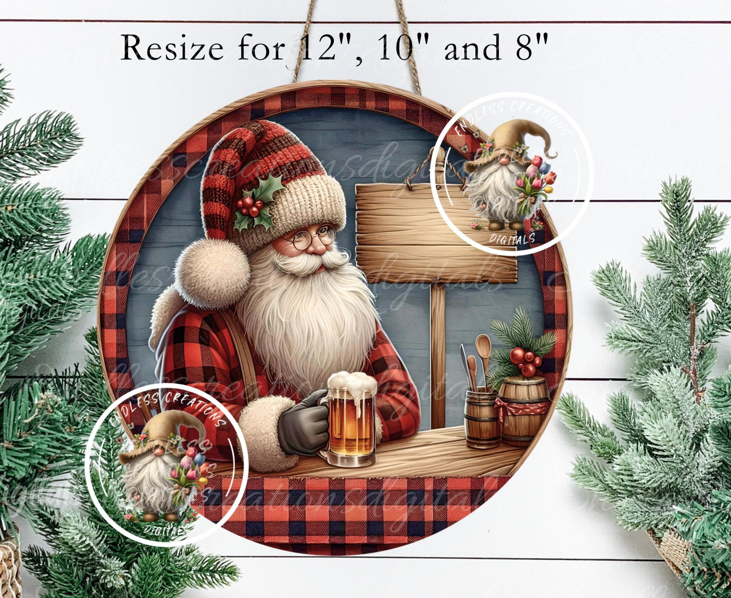 DRINKING BEER SANTA ornament, Door Hanger for sublimation high resolution 2 files for download 1 add your own text