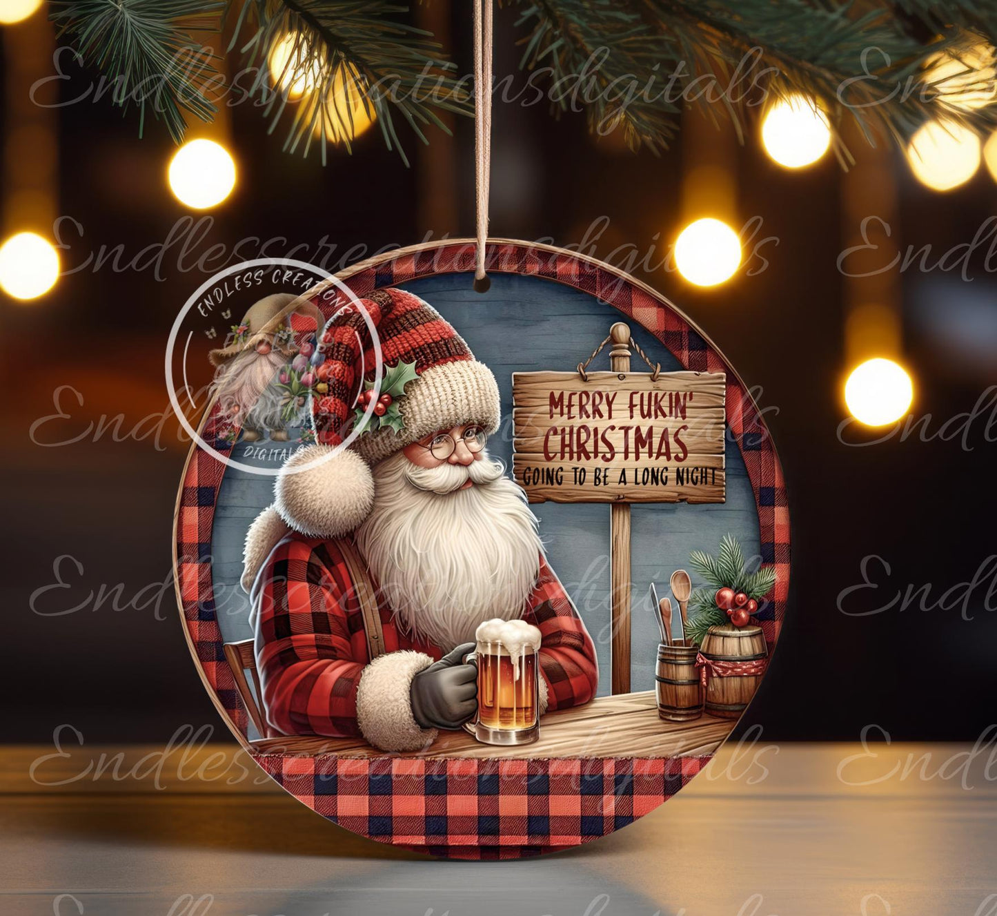 DRINKING BEER SANTA ornament, Door Hanger for sublimation high resolution 2 files for download 1 add your own text