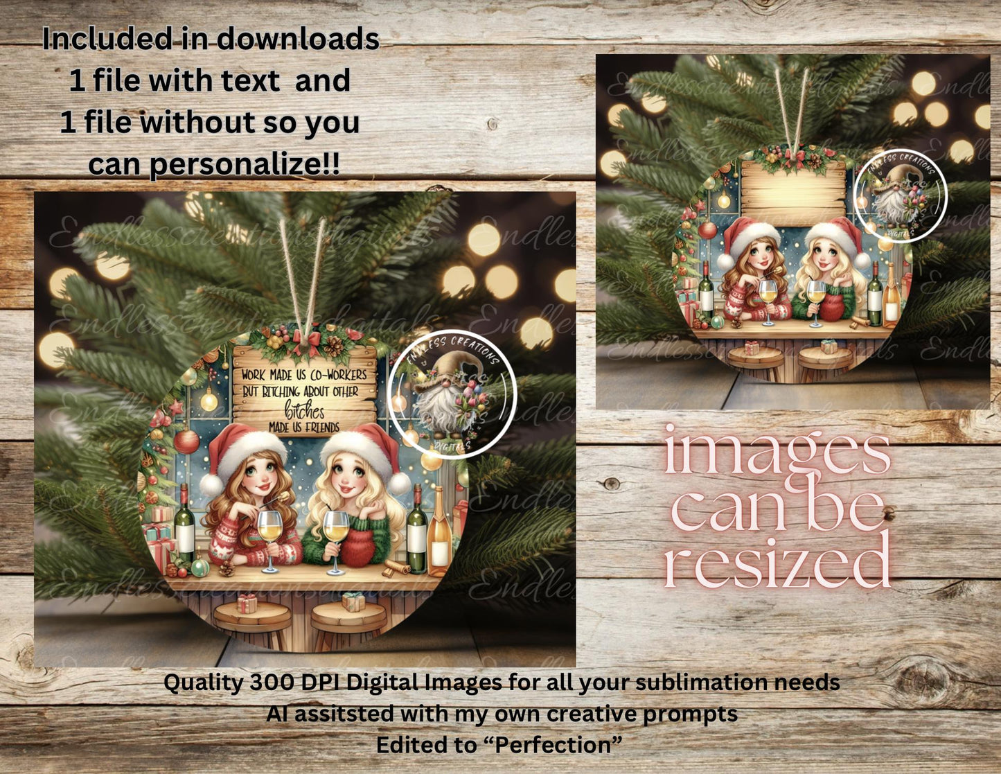 CO-WORKERS BITCHES ornament, Door Hanger for sublimation high resolution 2 files for download 1 add your own text