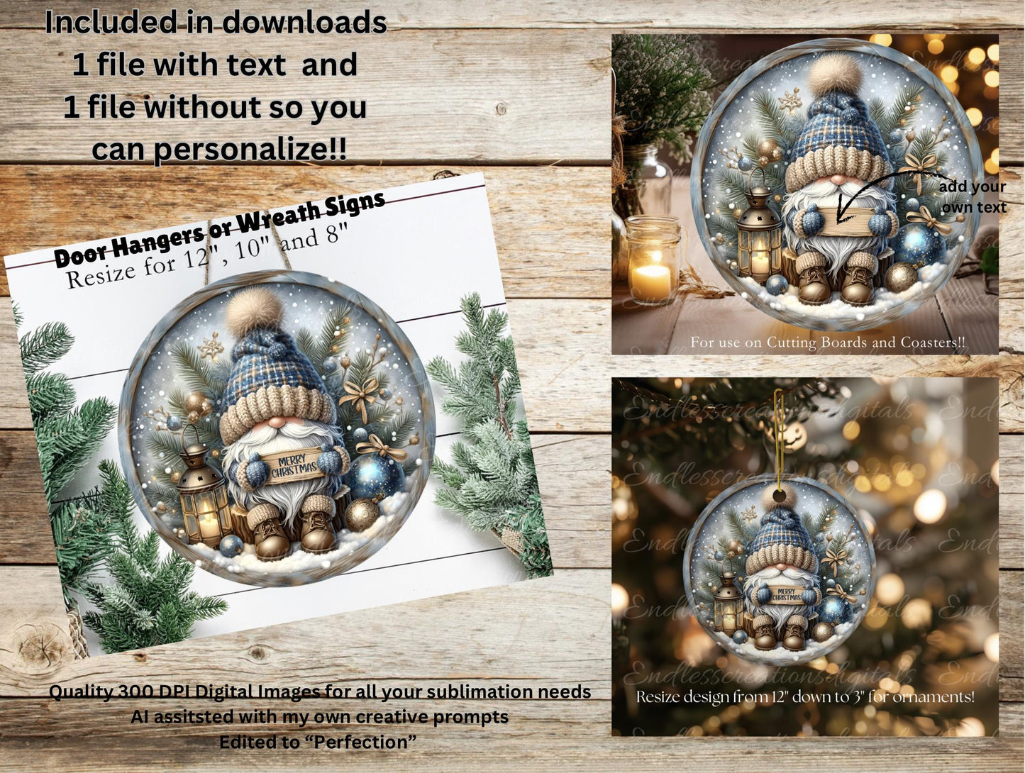 WINTER GNOME ROUND  door hanger, wreath sign, round cutting board, ornaments, for sublimation high resolution 2 files, 1 add your own text