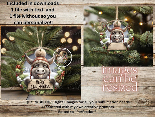 MERRY CHRISMYASS DONKEY ornament, Door Hanger for sublimation high resolution 2 files for download 1 add your own text