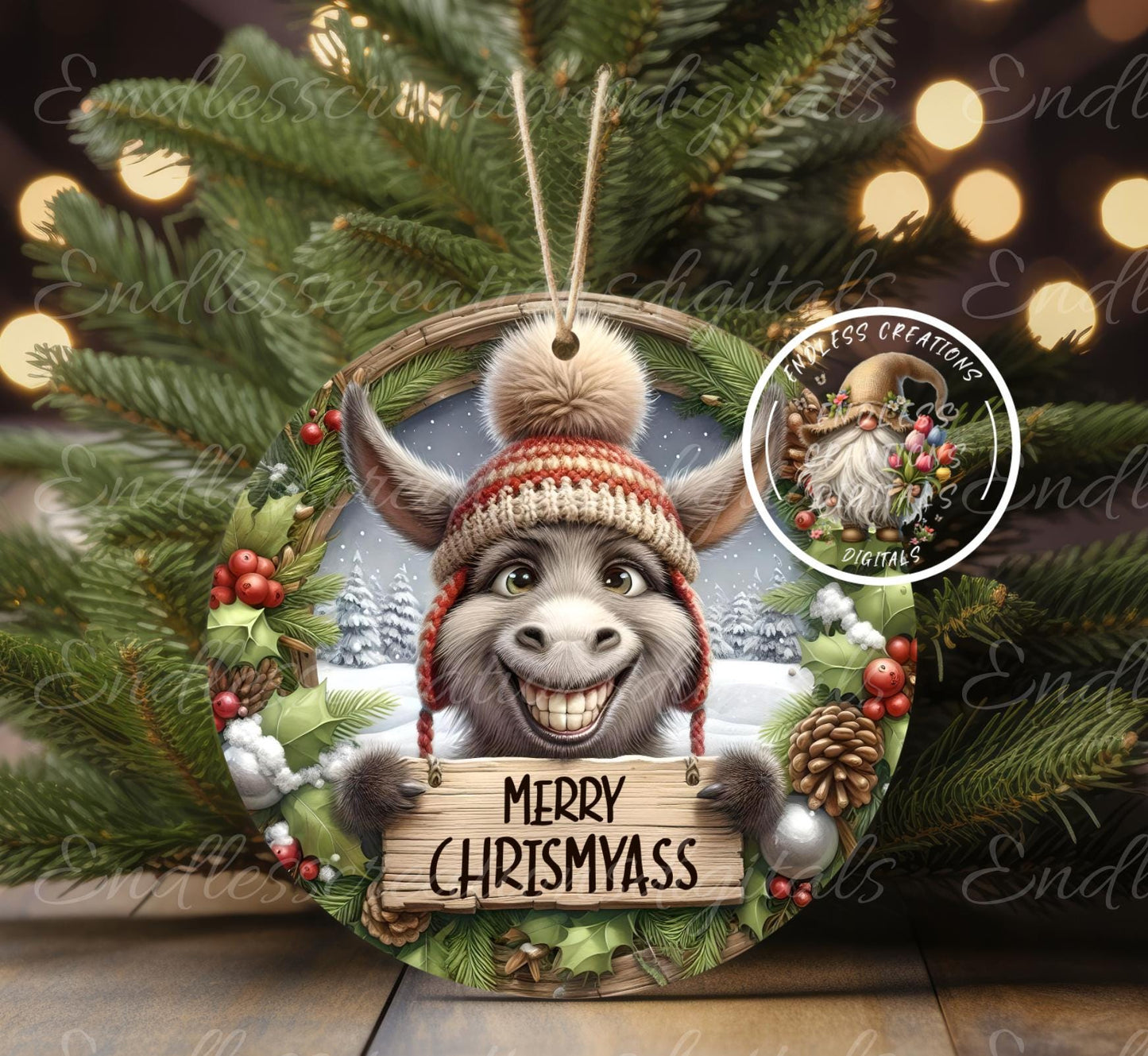 MERRY CHRISMYASS DONKEY ornament, Door Hanger for sublimation high resolution 2 files for download 1 add your own text