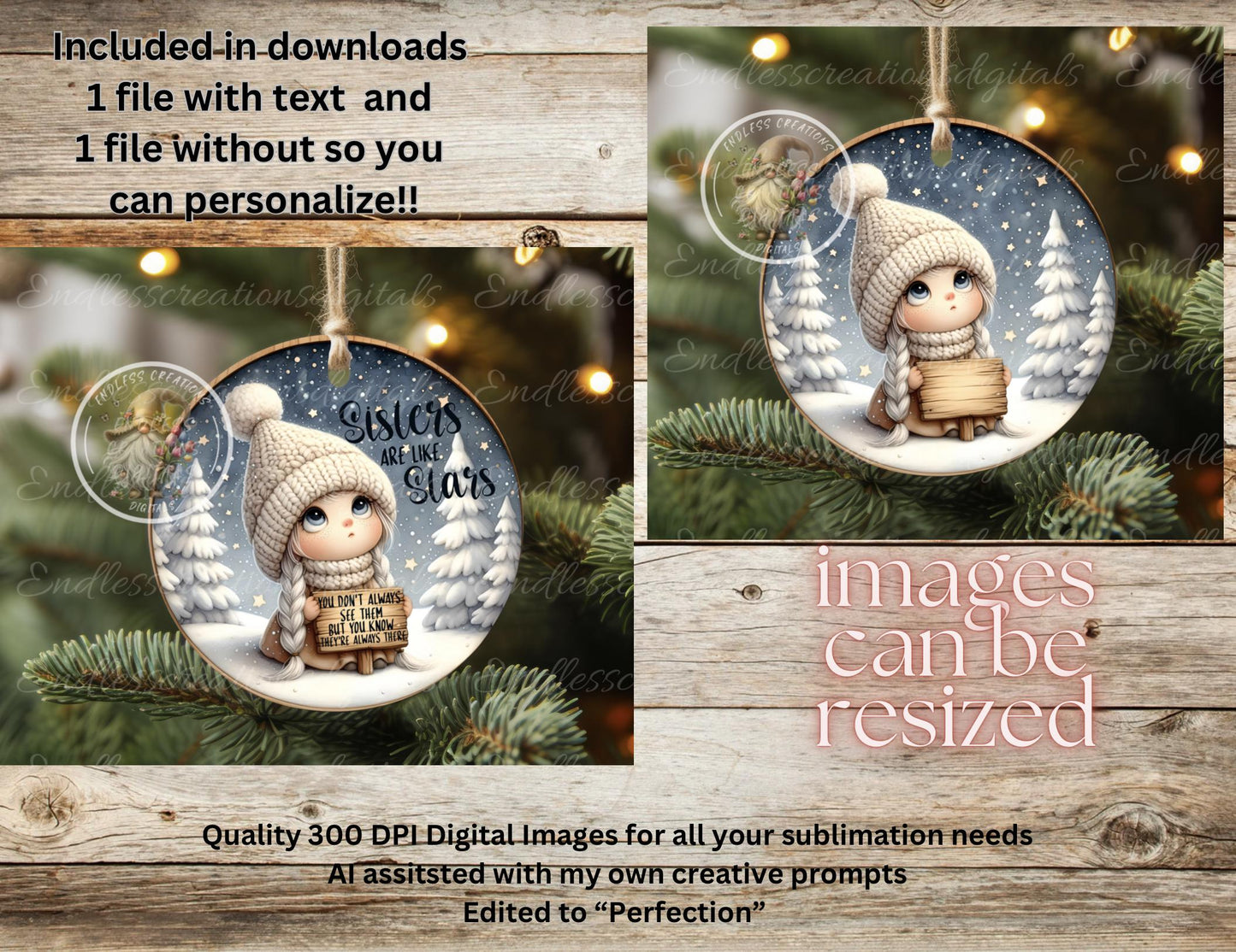 SISTERS ARE STARS ornament, Door Hanger for sublimation high resolution 2 files for download 1 add your own text